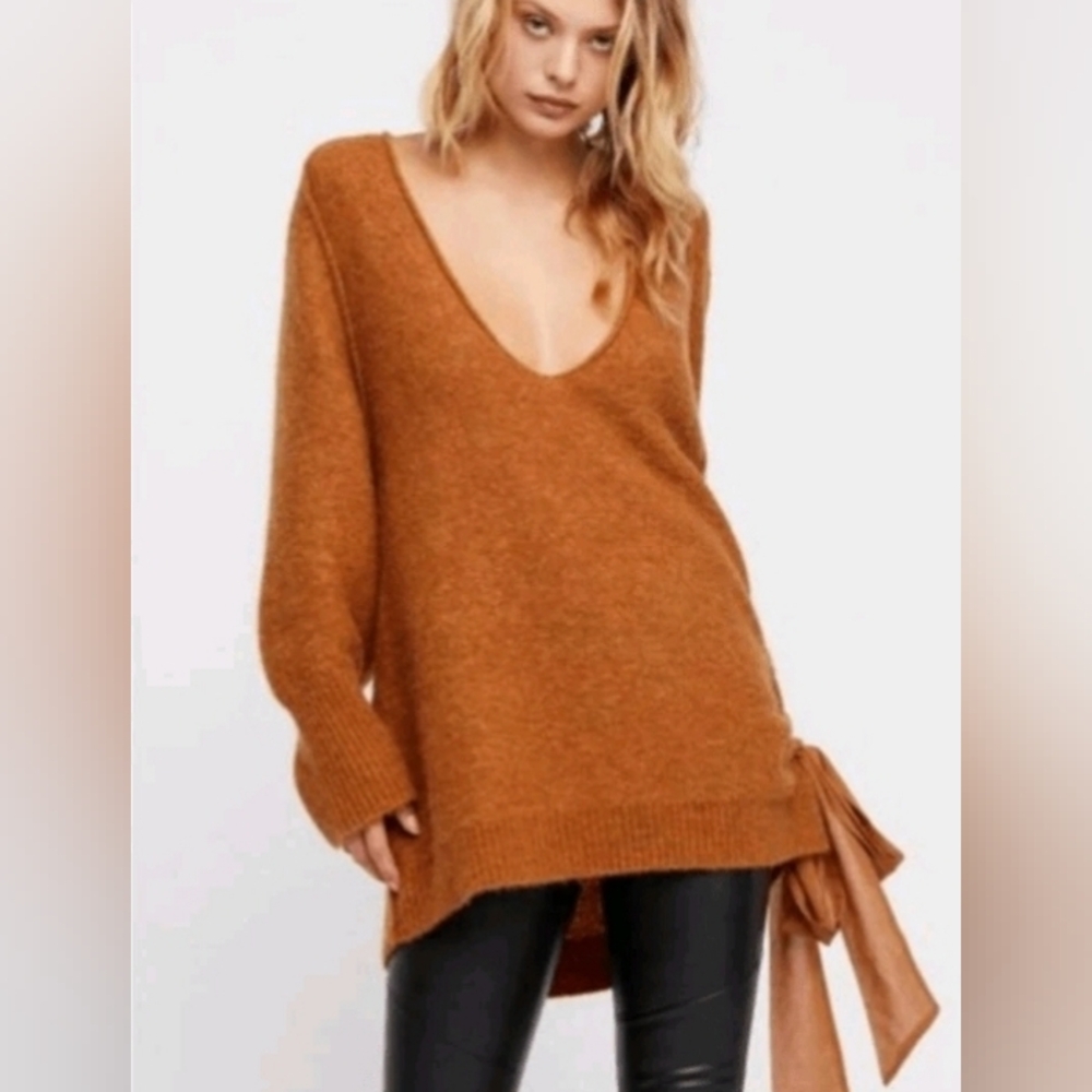 Free People “Be Mine” Side-Tie Alpaca Wool Sweater Dress Camel Color Tunic Small